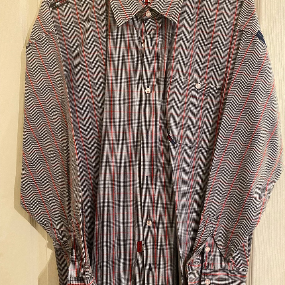 Akademiks Gray and Red Dress Shirt with Plaid Pattern XXL slightly used